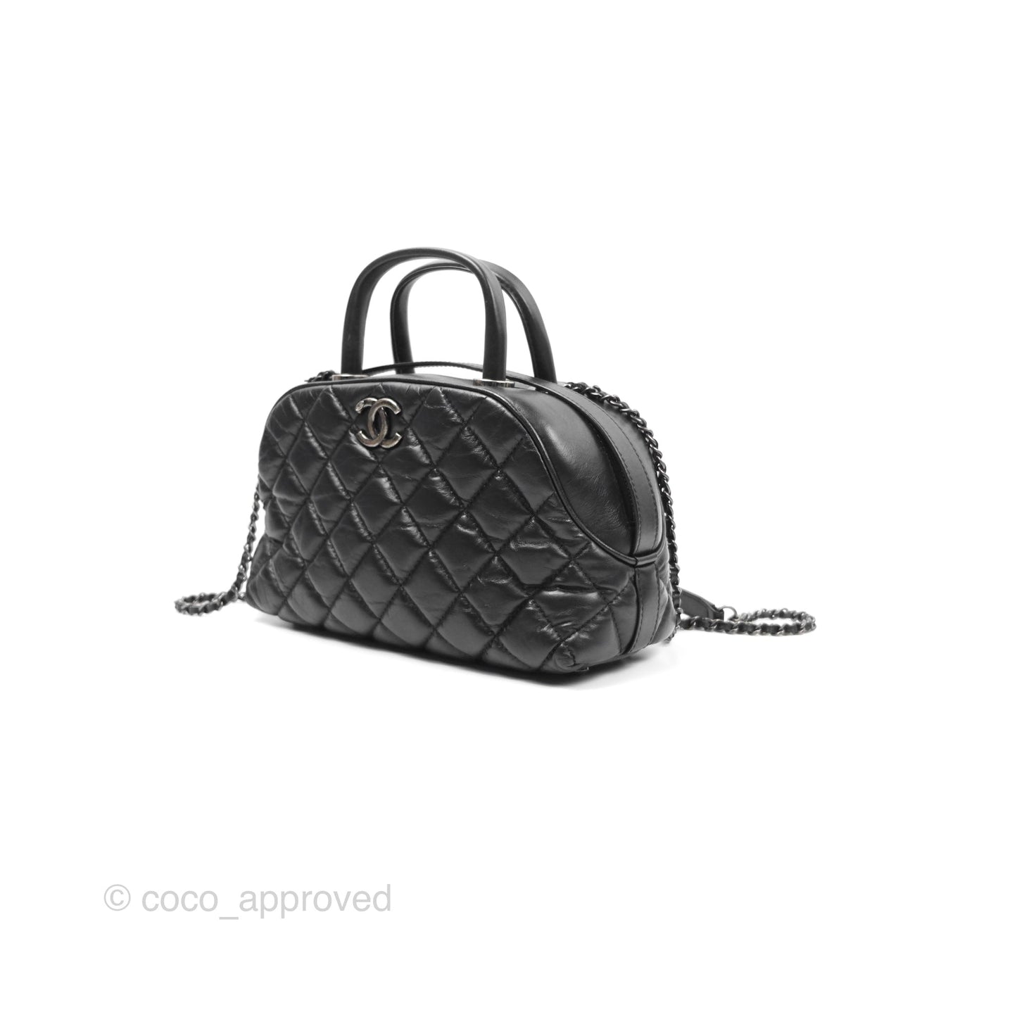 Chanel Quilted Small Handle Bowling Bag Black Aged Calfskin Ruthenium Hardware