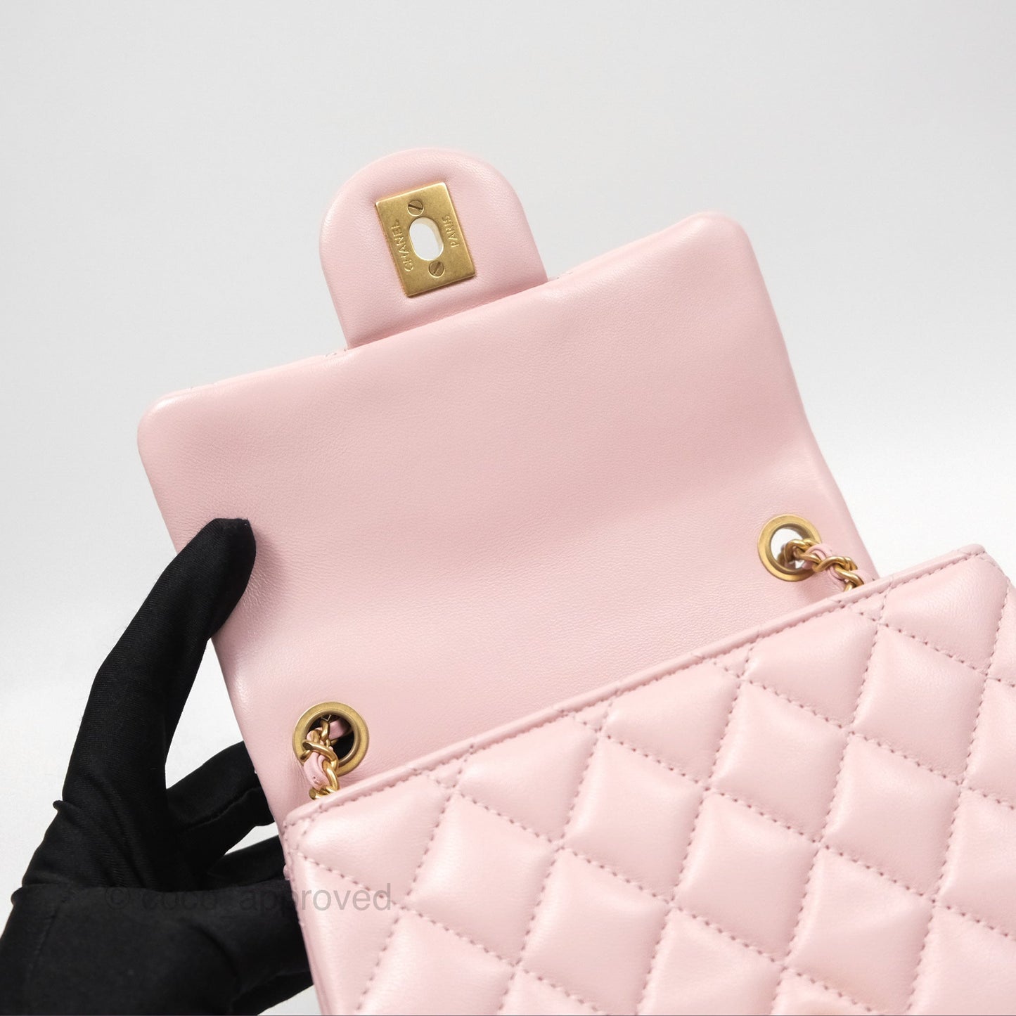 Chanel Pearl Crush Mini Square Quilted Light Pink Lambskin Aged Gold Hardware