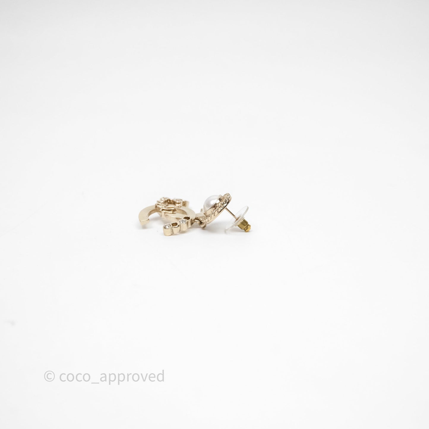 Chanel CC Coco Round Pearl Drop Earrings Gold Tone 22P