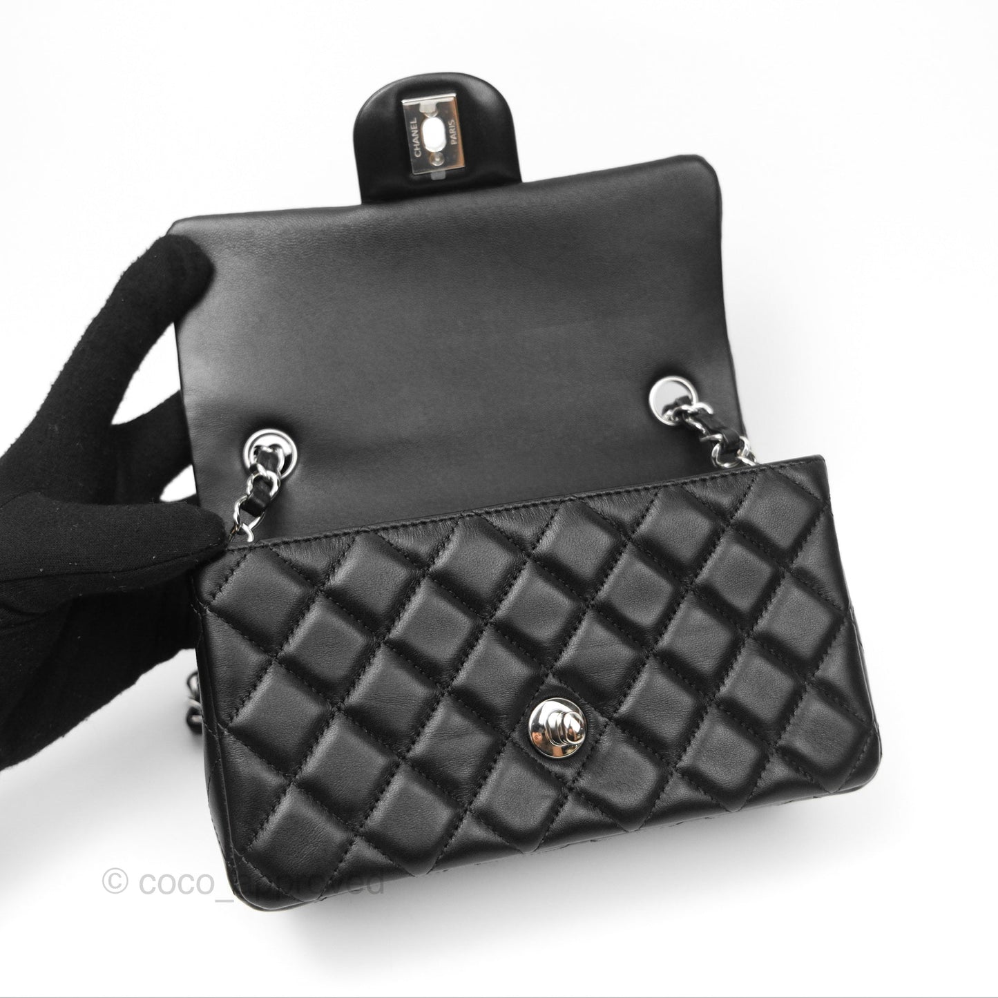 Chanel Quilted Mini Rectangular Black Lambskin Silver Hardware