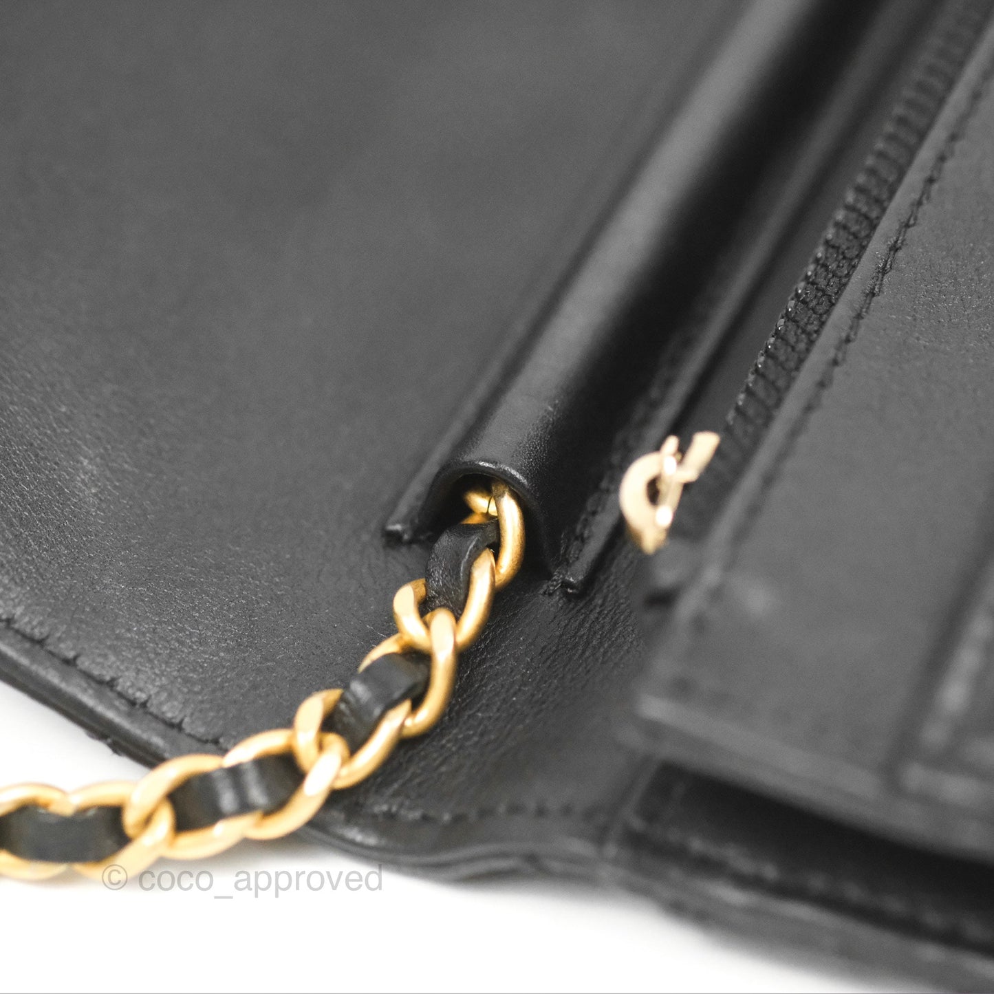 Chanel Logo Enchained Wallet On Chain WOC Black Calfskin Gold Hardware