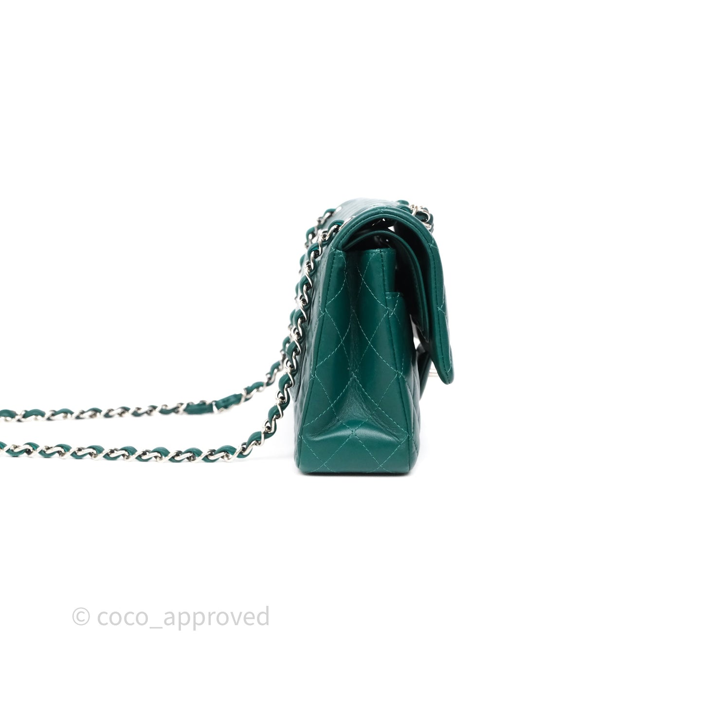 Chanel Medium Classic Flap Quilted Dark Green Lambskin Silver Hardware