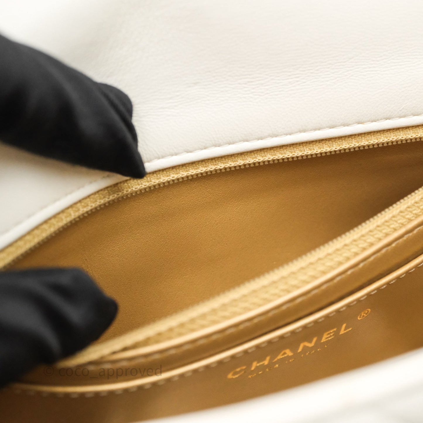 Chanel Mini Rectangular Pearl Crush White Lambskin Aged Gold Hardware