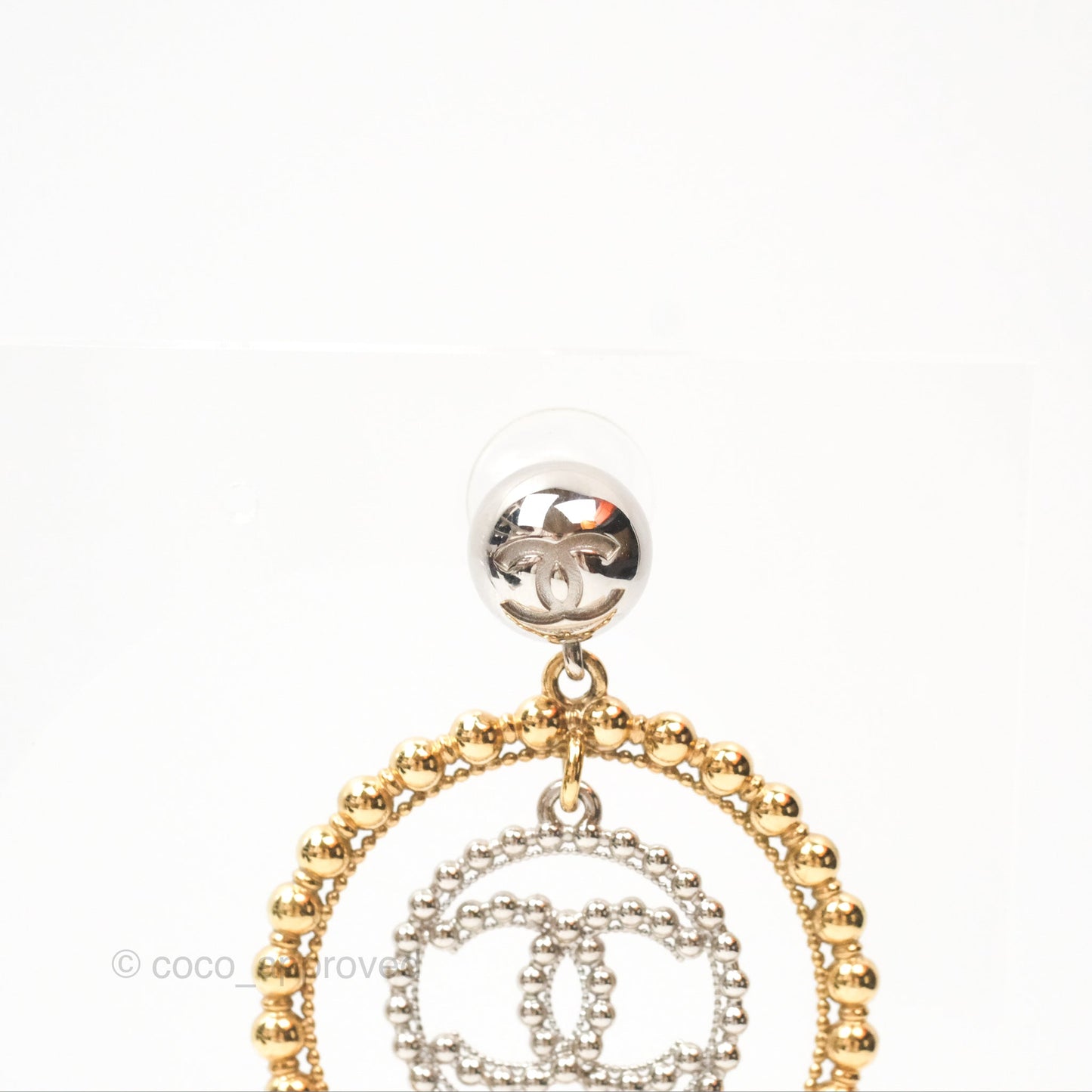 Chanel CC Hoop Drop Earrings Silver Gold Tone 22C