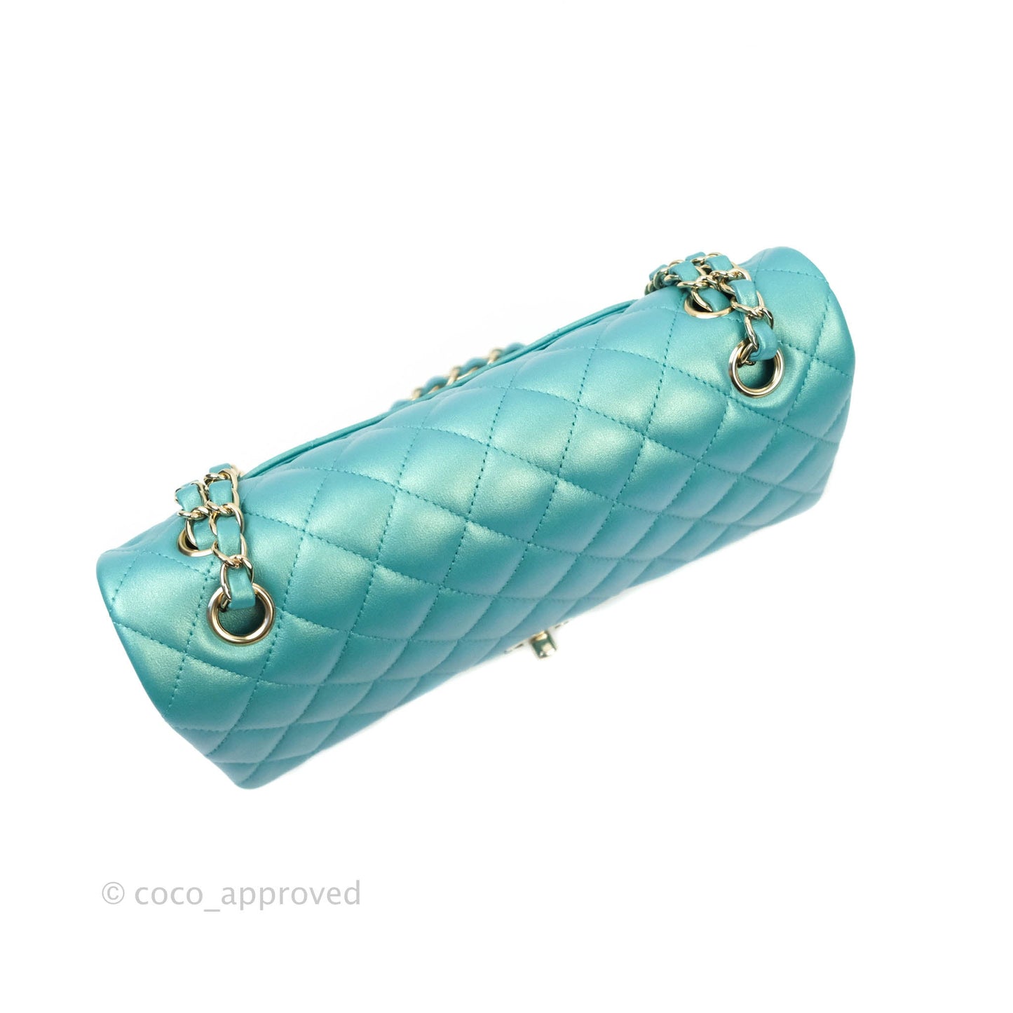 Chanel Classic M/L Medium Double Flap Iridescent Turquoise Calfskin Gold Hardware