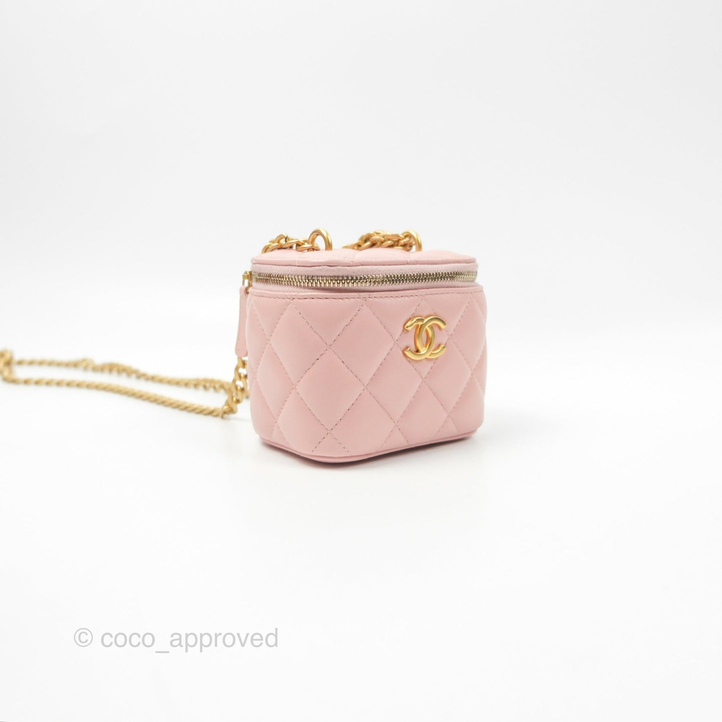 Chanel Mini Vanity With Chain Adjustable Camellia Light Pink Lambskin Aged Gold Hardware