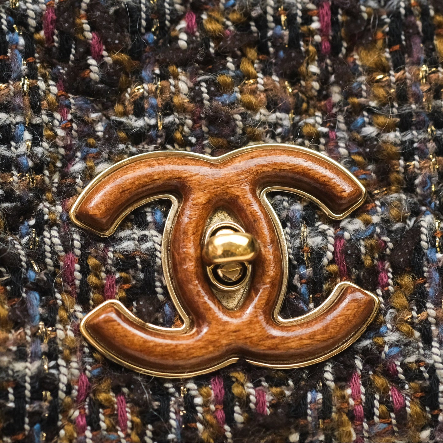 Chanel Top Handle Flap Bag Tweed Gold Hardware