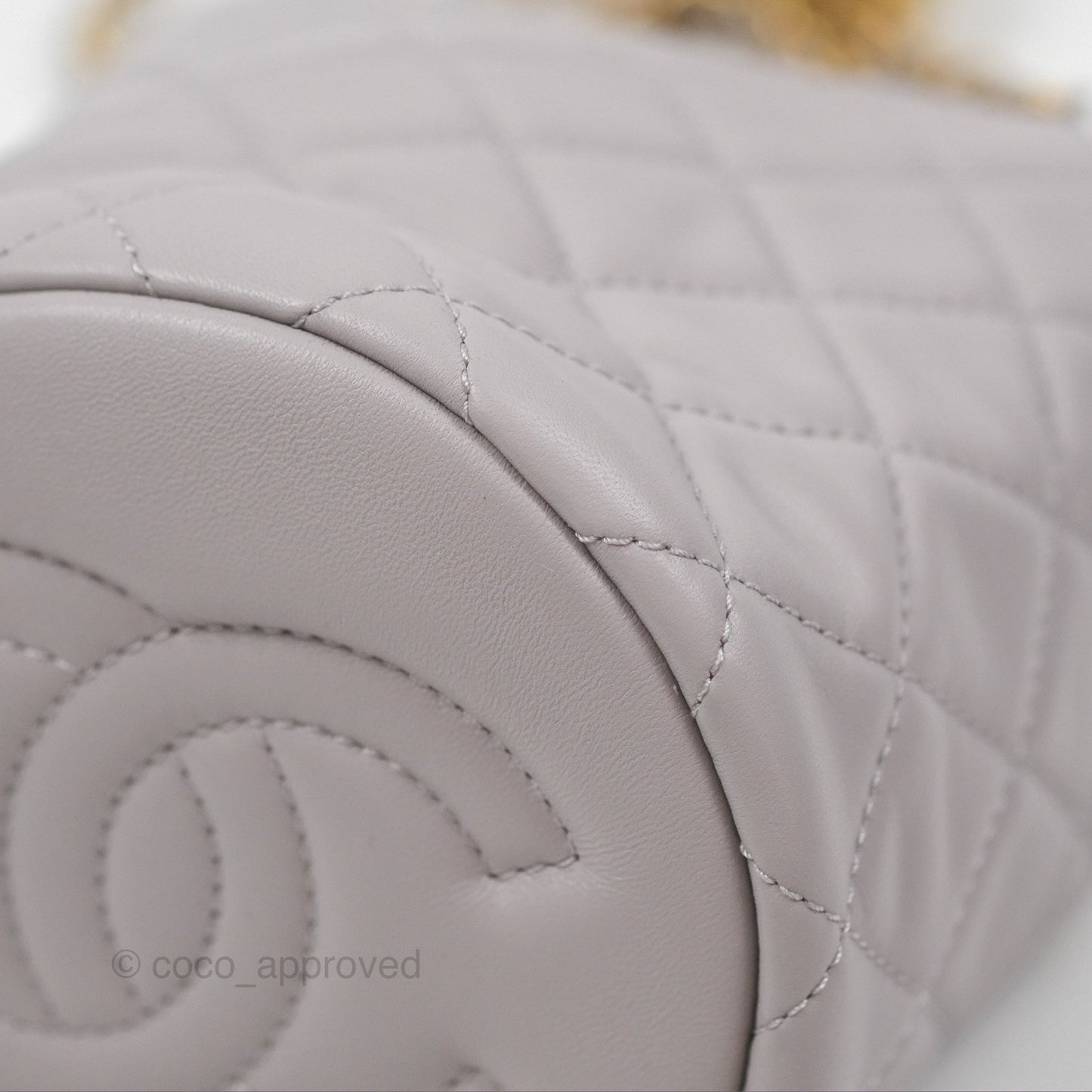 Chanel Pearl Crush Drawstring Bucket Bag Grey Lambskin Aged Gold Hardware