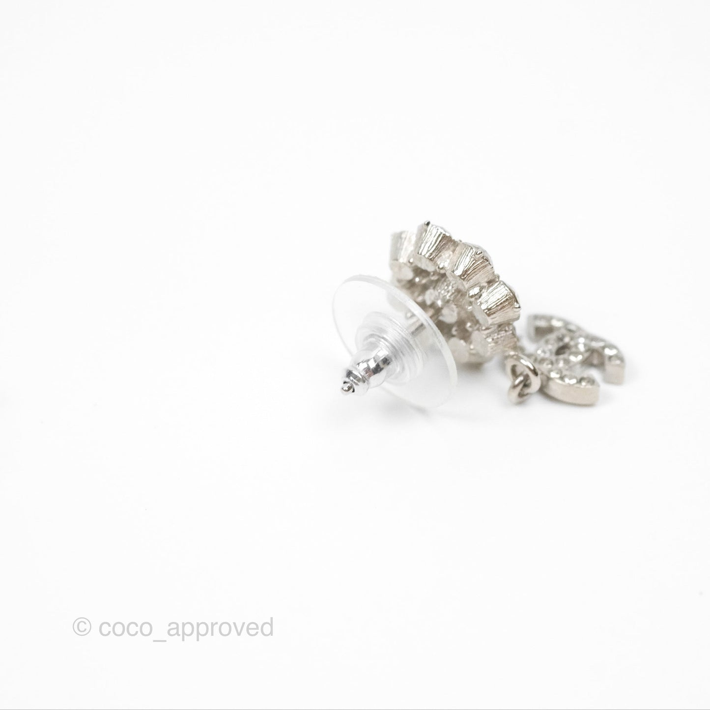 Chanel Crystal CC Flower Earrings Silver Tone 15A