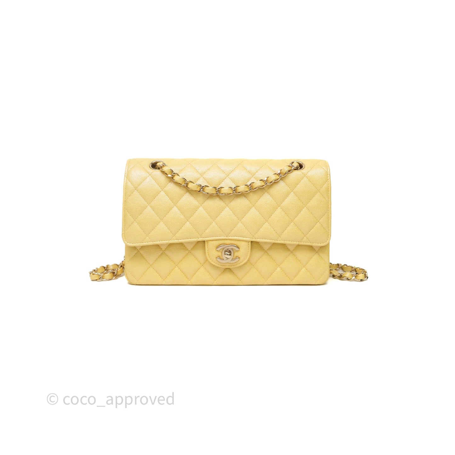 Chanel Classic M/L Medium Flap Quilted Iridescent Yellow Caviar Gold Hardware