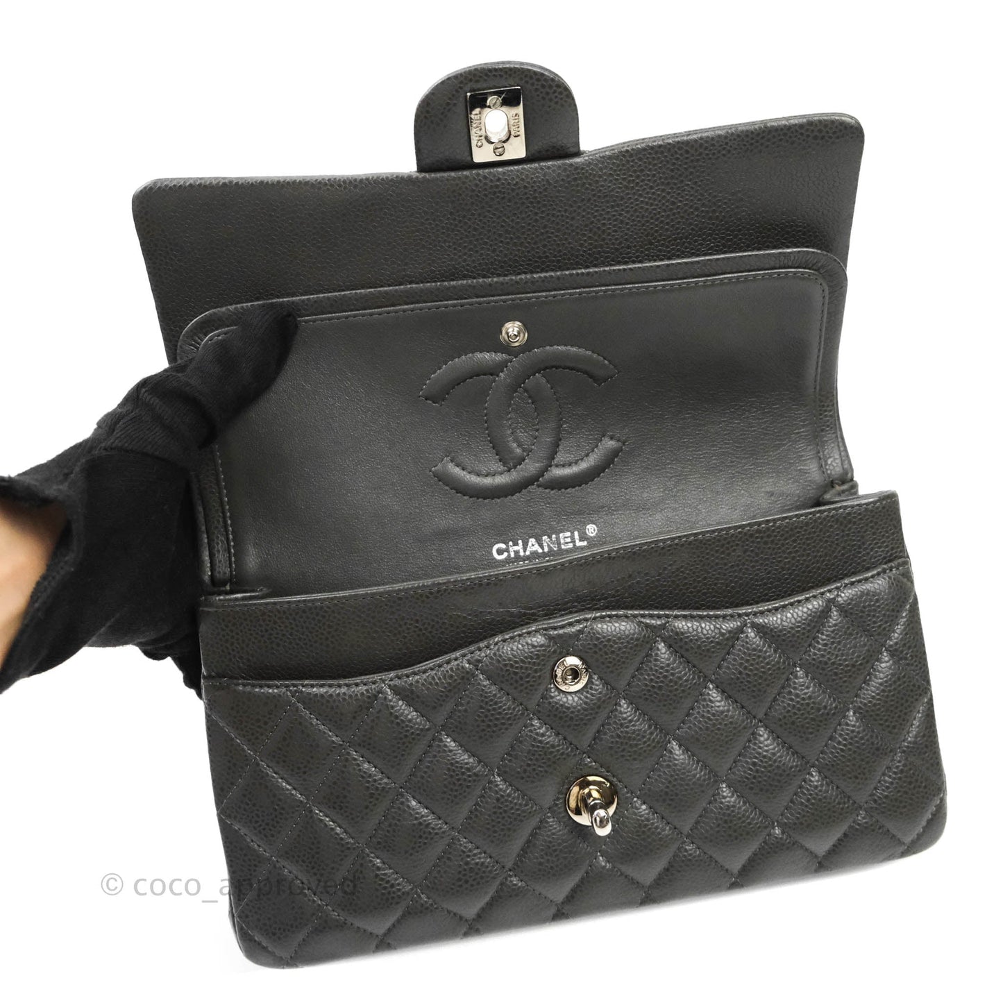 Chanel Quilted M/L Medium Double Flap Dark Grey Caviar Silver Hardware