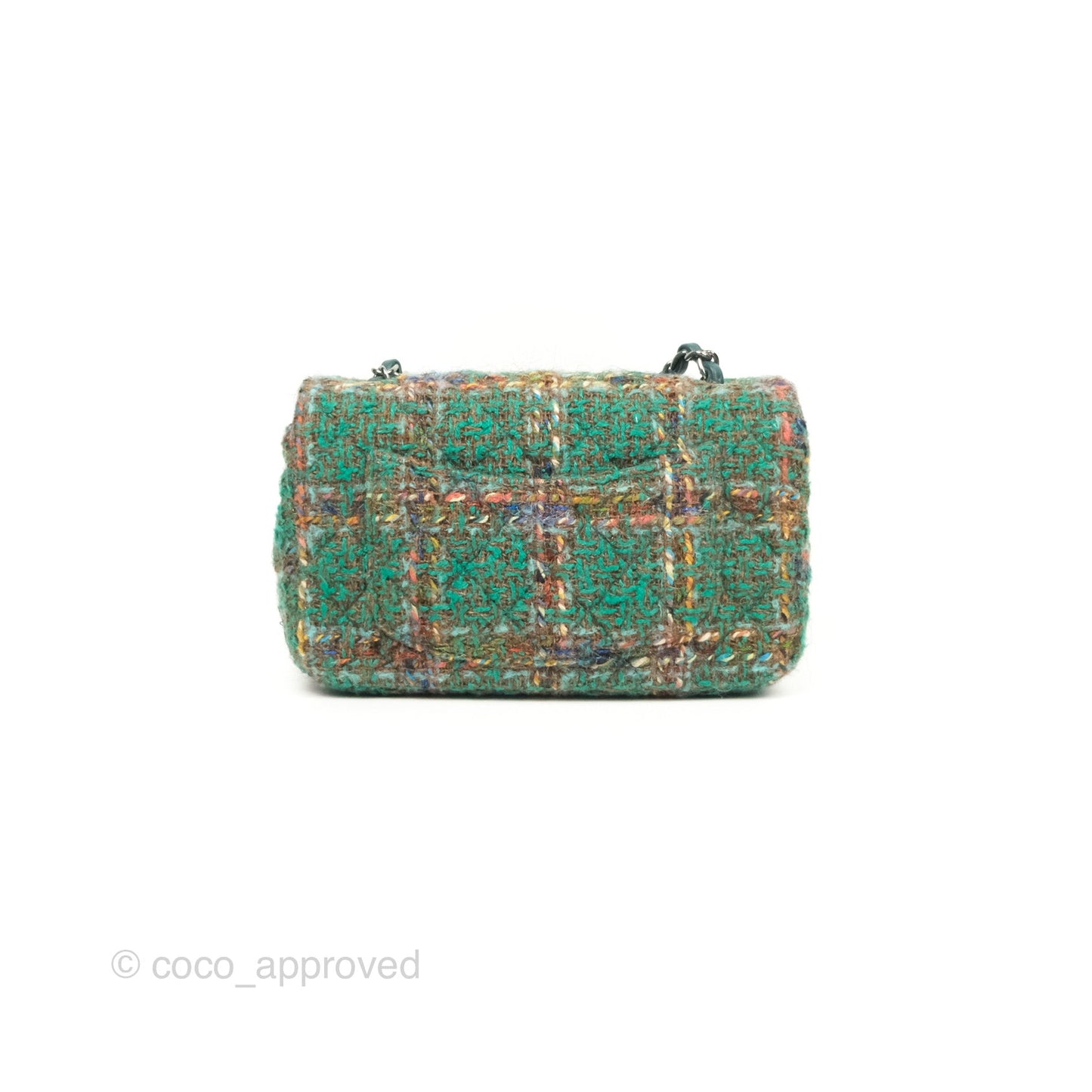 Chanel Mini Rectangular Flap Quilted Green Tweed Gun Metal 23A