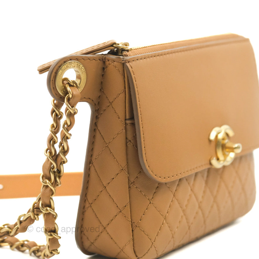 Chanel Flap Waist Bag with Leather & Tweed Coin Purses Dark Beige Calfskin