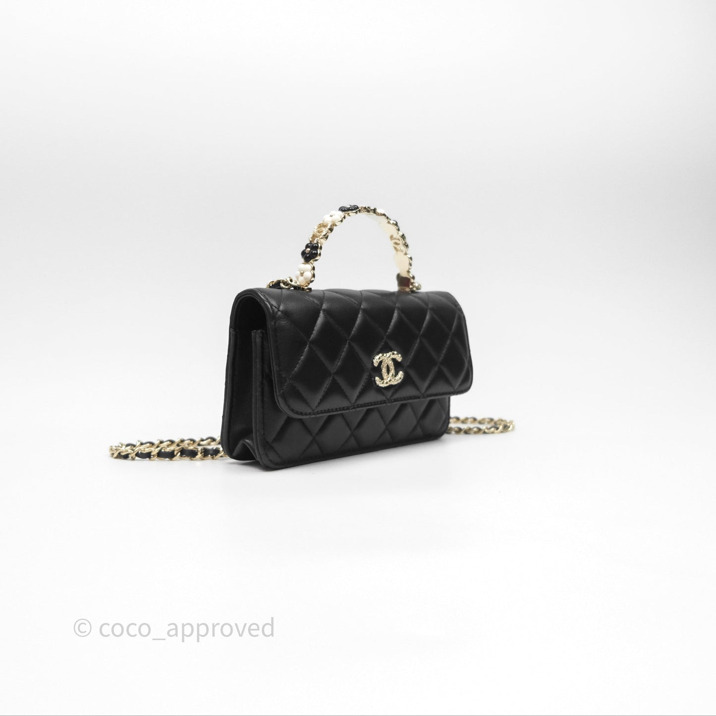 Chanel Camellia Handle Mini WOC Phone Holder with Chain Black Lambskin 23K