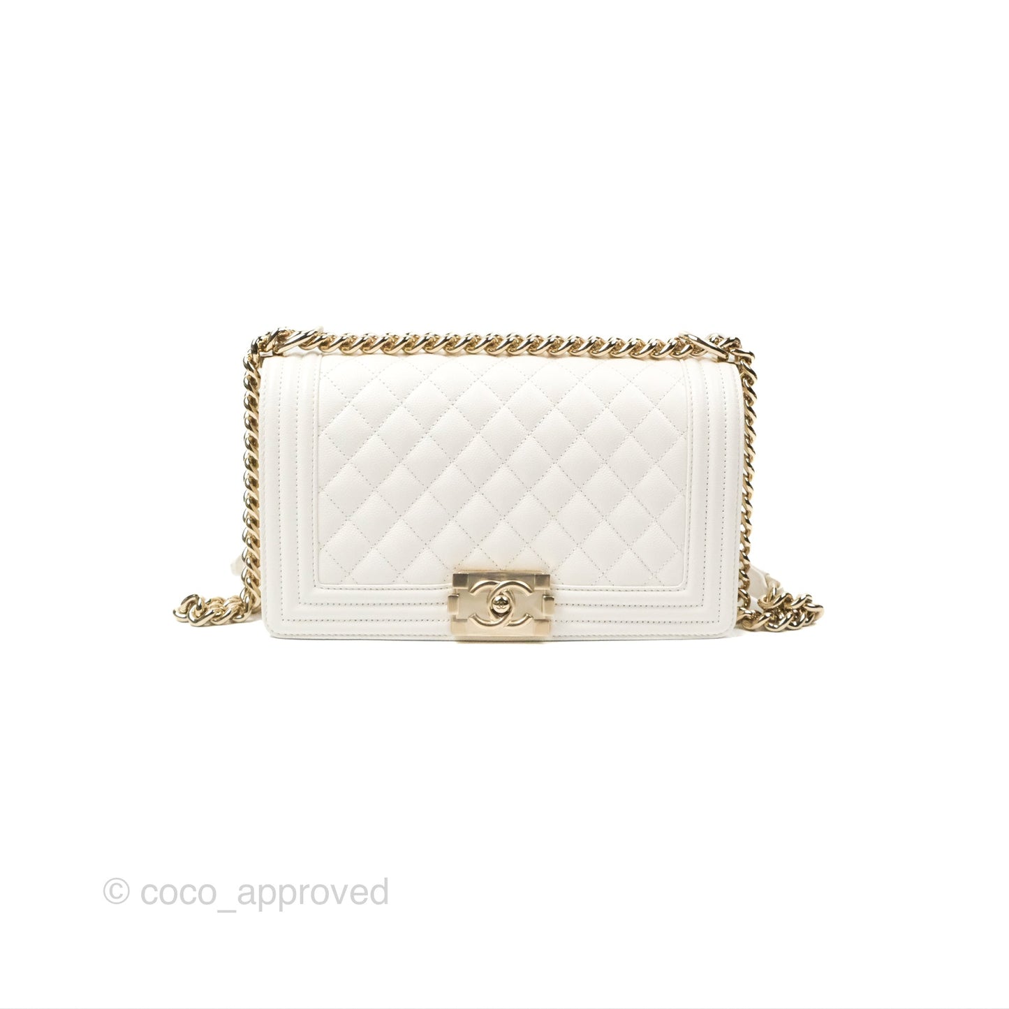 Chanel Medium Boy Quilted White Caviar Gold Hardware