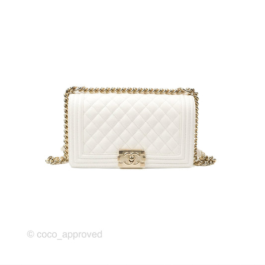 Chanel Medium Boy Quilted White Caviar Gold Hardware