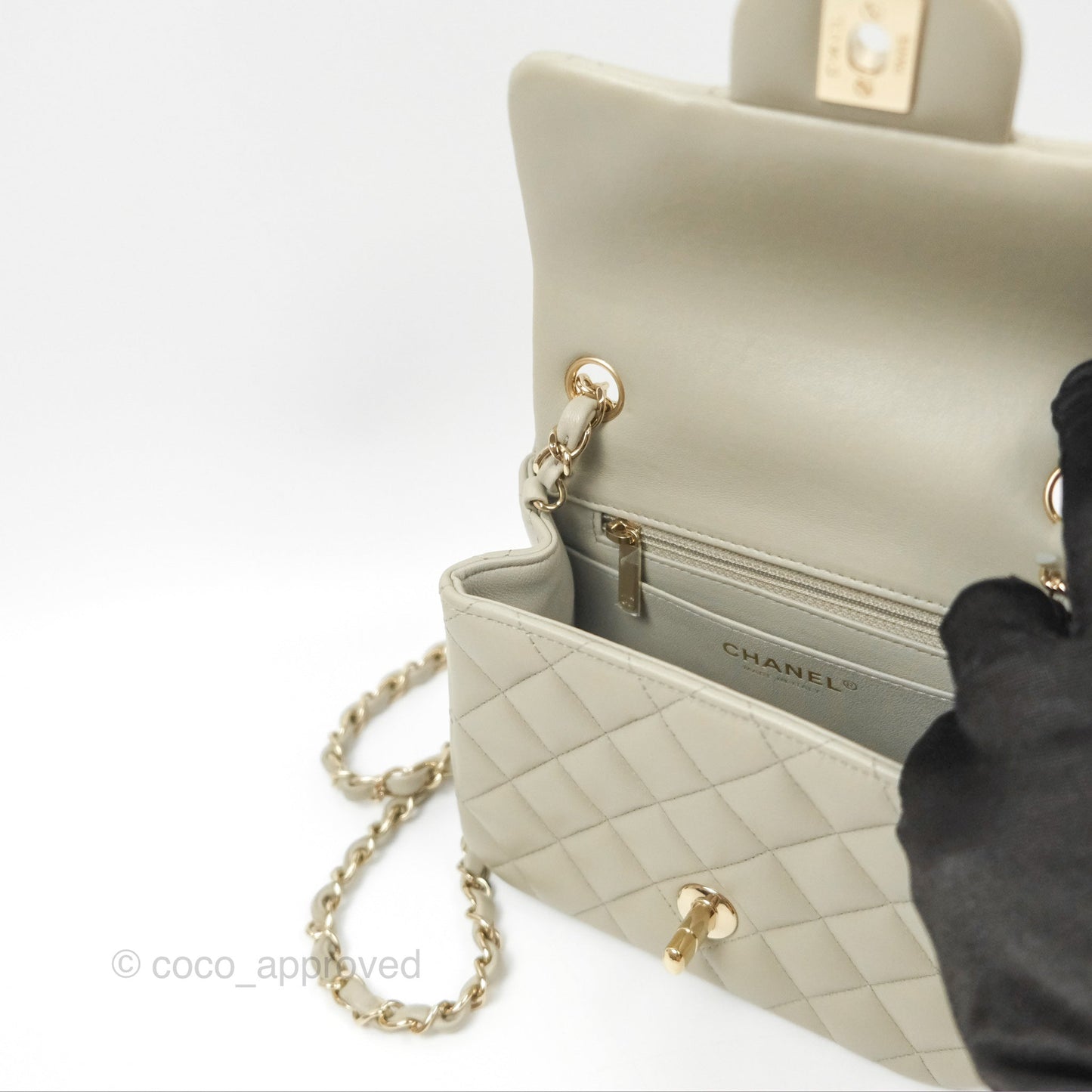 Chanel Mini Square Quilted Grey Lambskin Gold Hardware 22C
