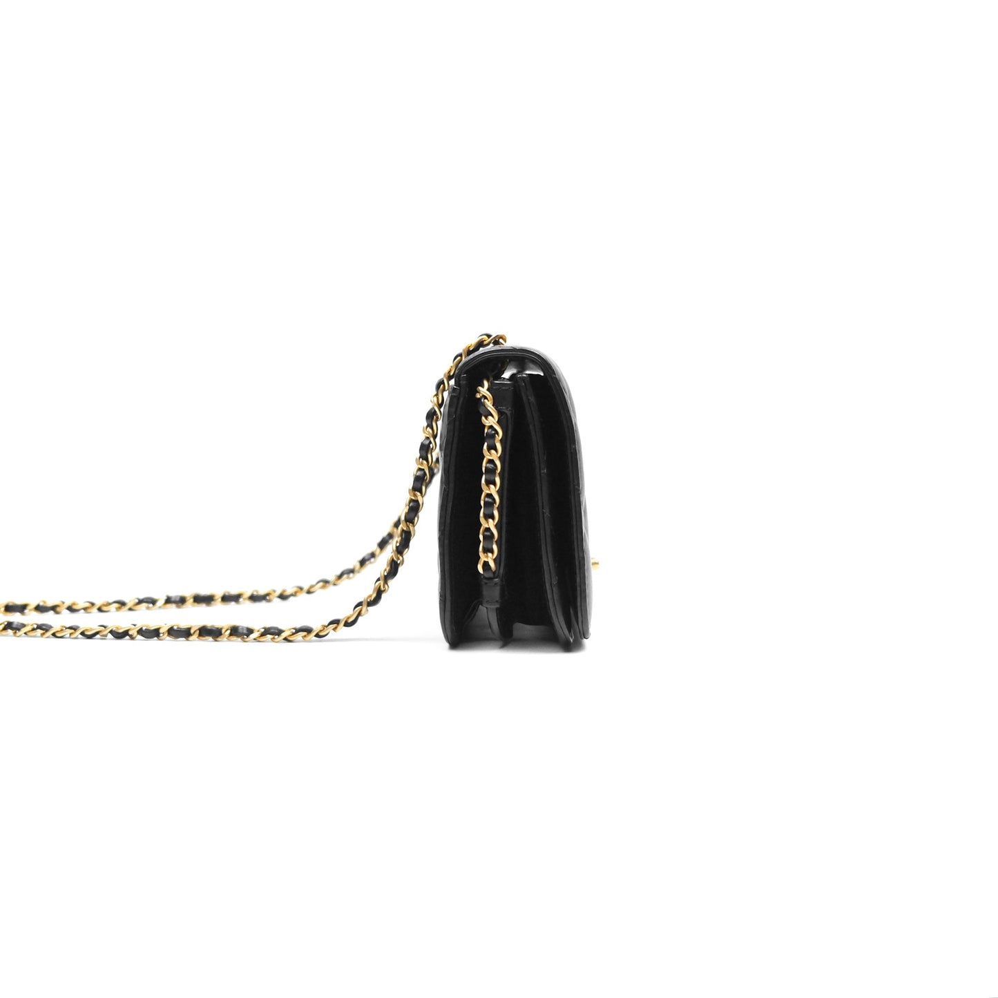 Chanel Quilted Side Chain Flap Bag Black Calfskin Aged Gold Hardware