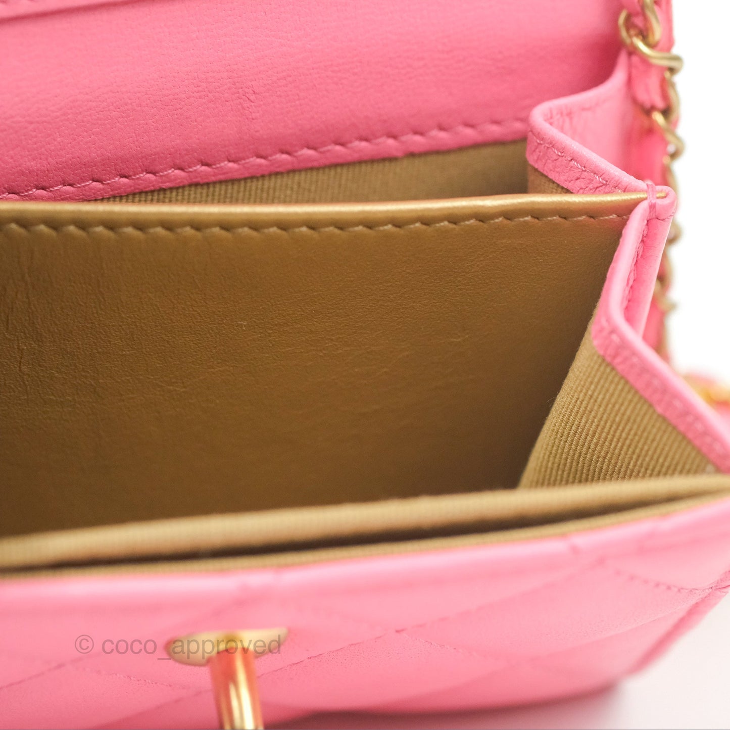 Chanel Pearl Crush Mini Clutch With Chain Pink Lambskin Aged Gold Hardware