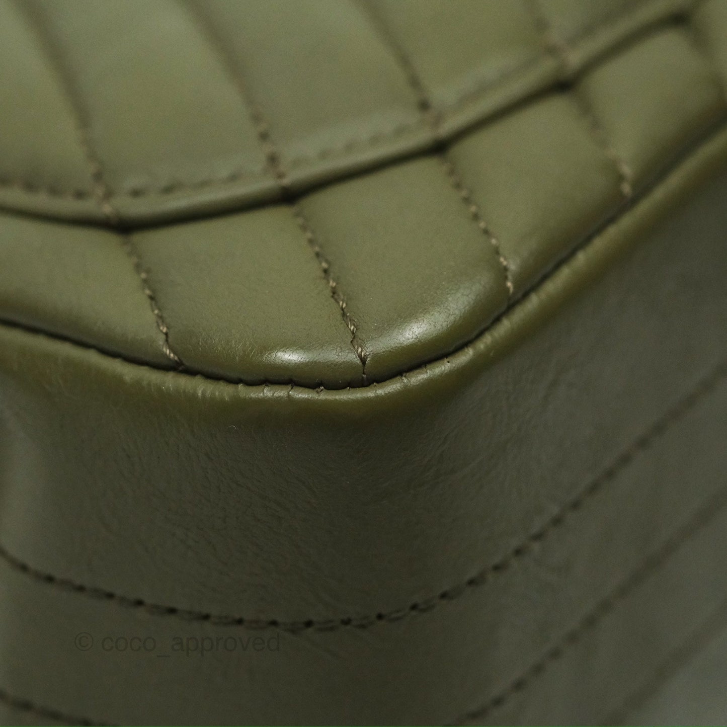 Chanel Mini Square Flap Chevron Olive Green Calfskin Gold Hardware
