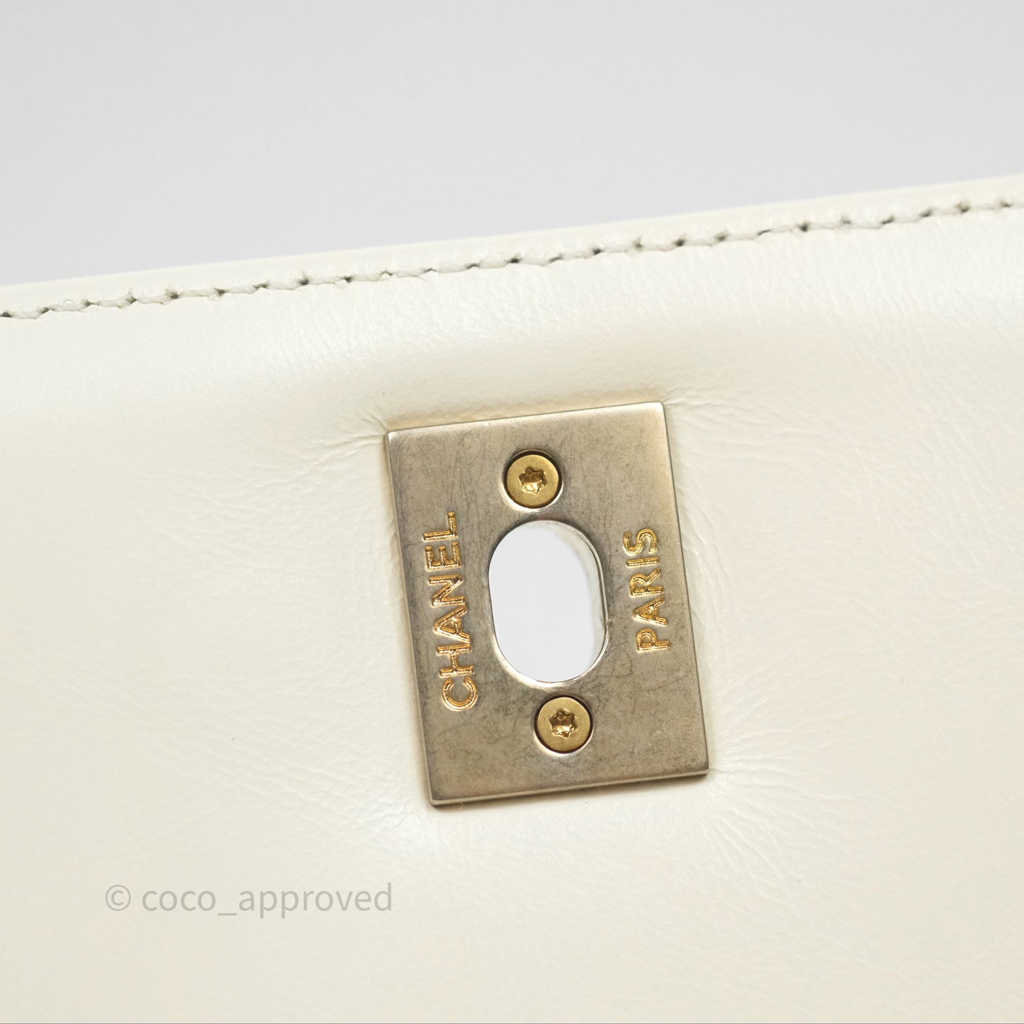 Chanel Medium Coco Handle Chevron Aged Calfskin Ivory Aged Gold Hardware Beige Lizard Handle