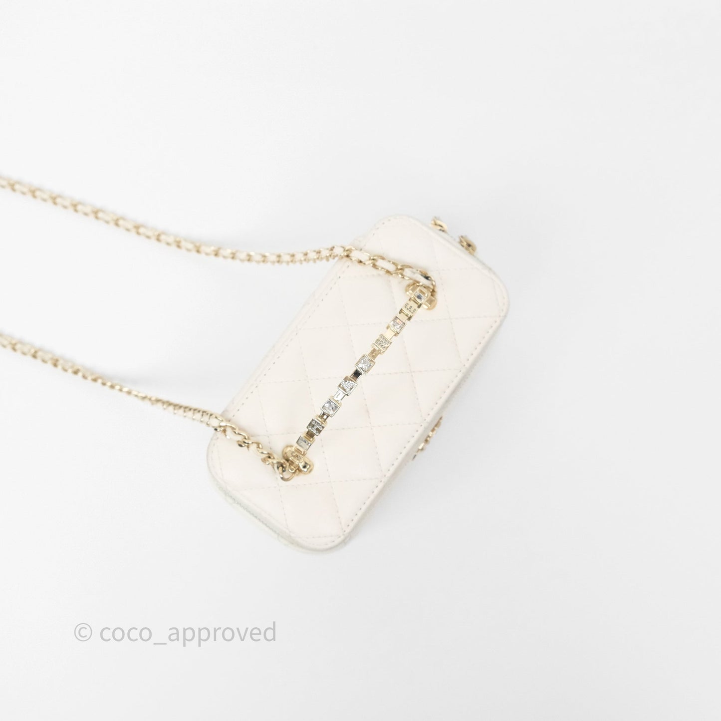 Chanel Logo Crystals Top Handle Vanity Rectangular White Lambskin Gold Hardware