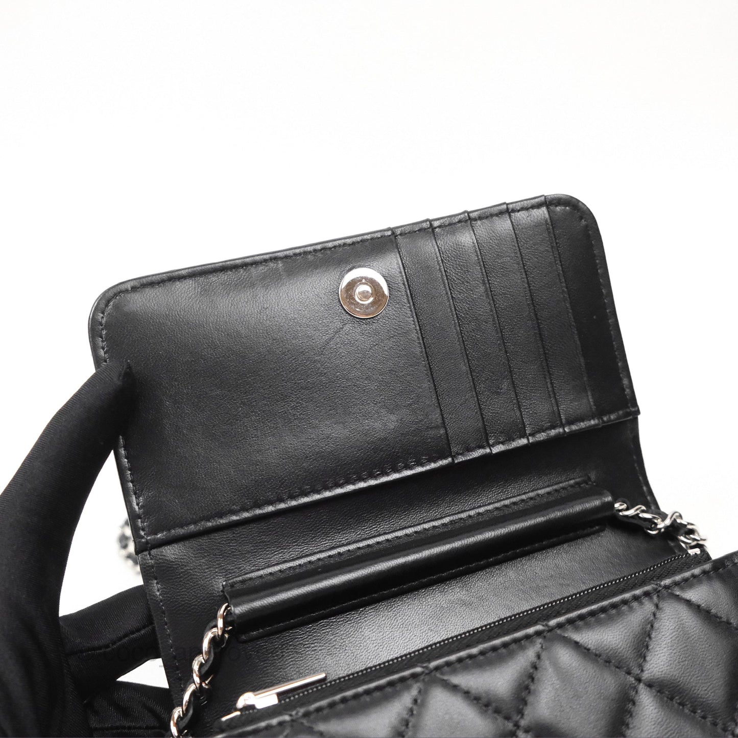 Chanel Quilted Mini Wallet on Chain WOC Black Lambskin Silver Hardware