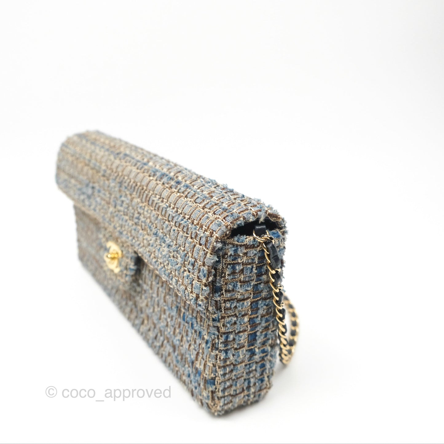 Chanel East West Chocolate Bar Flap Bag Grey Blue Tweed 24K Gold Hardware