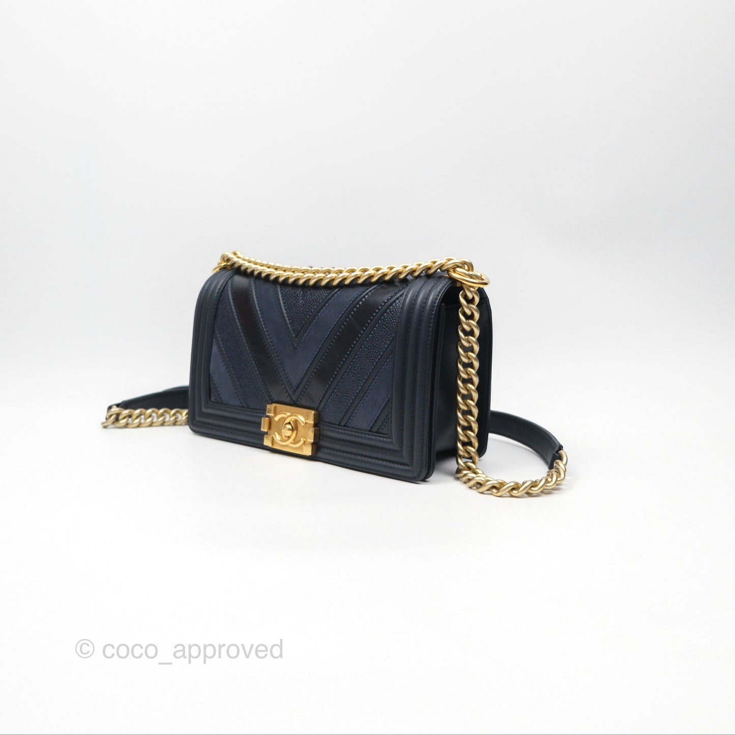 Chanel Medium Boy Chevron Navy Caviar/ Calfskin/ Suede Aged Gold Hardware