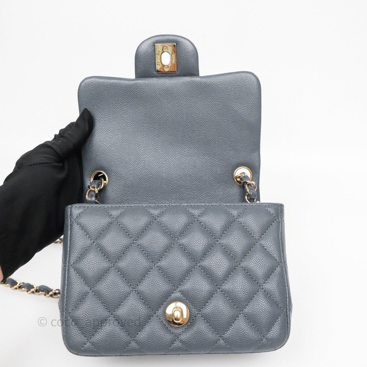 Chanel Mini Square Flap Quilted Dark Grey Blue Caviar Gold Hardware