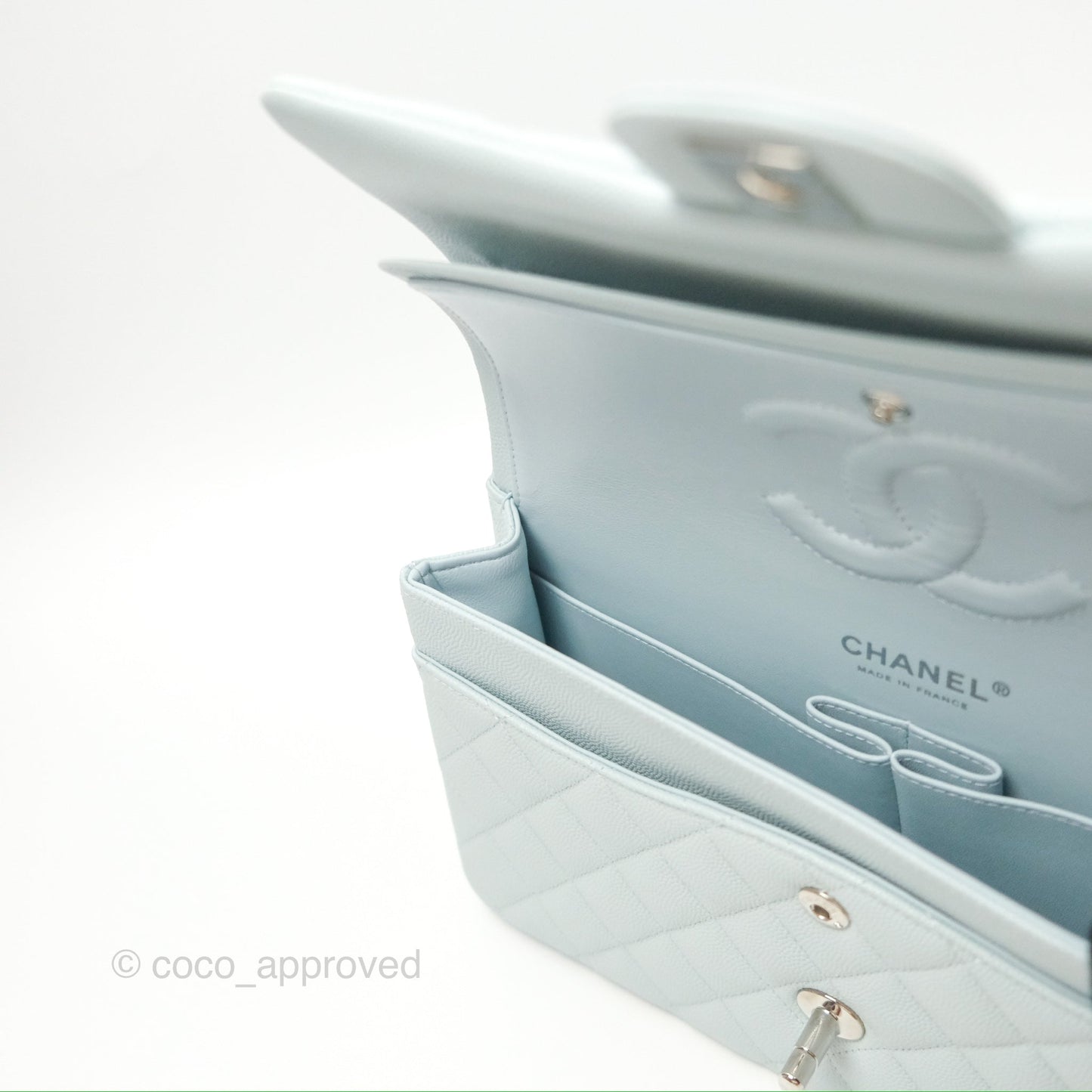 Chanel Medium Classic Flap Quilted Pale Blue Caviar Silver Hardware