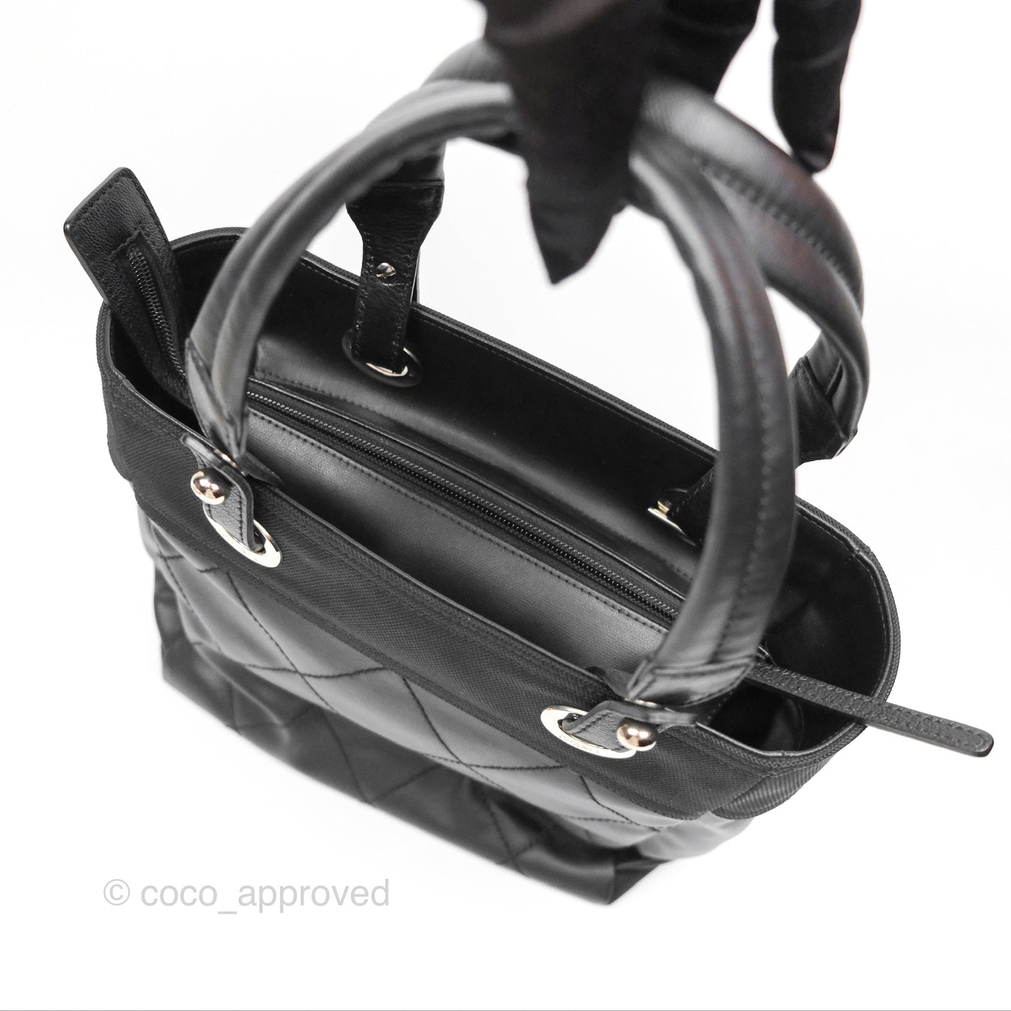 Chanel Quilted Paris Biarritz Tote PM Black Coated Canvas