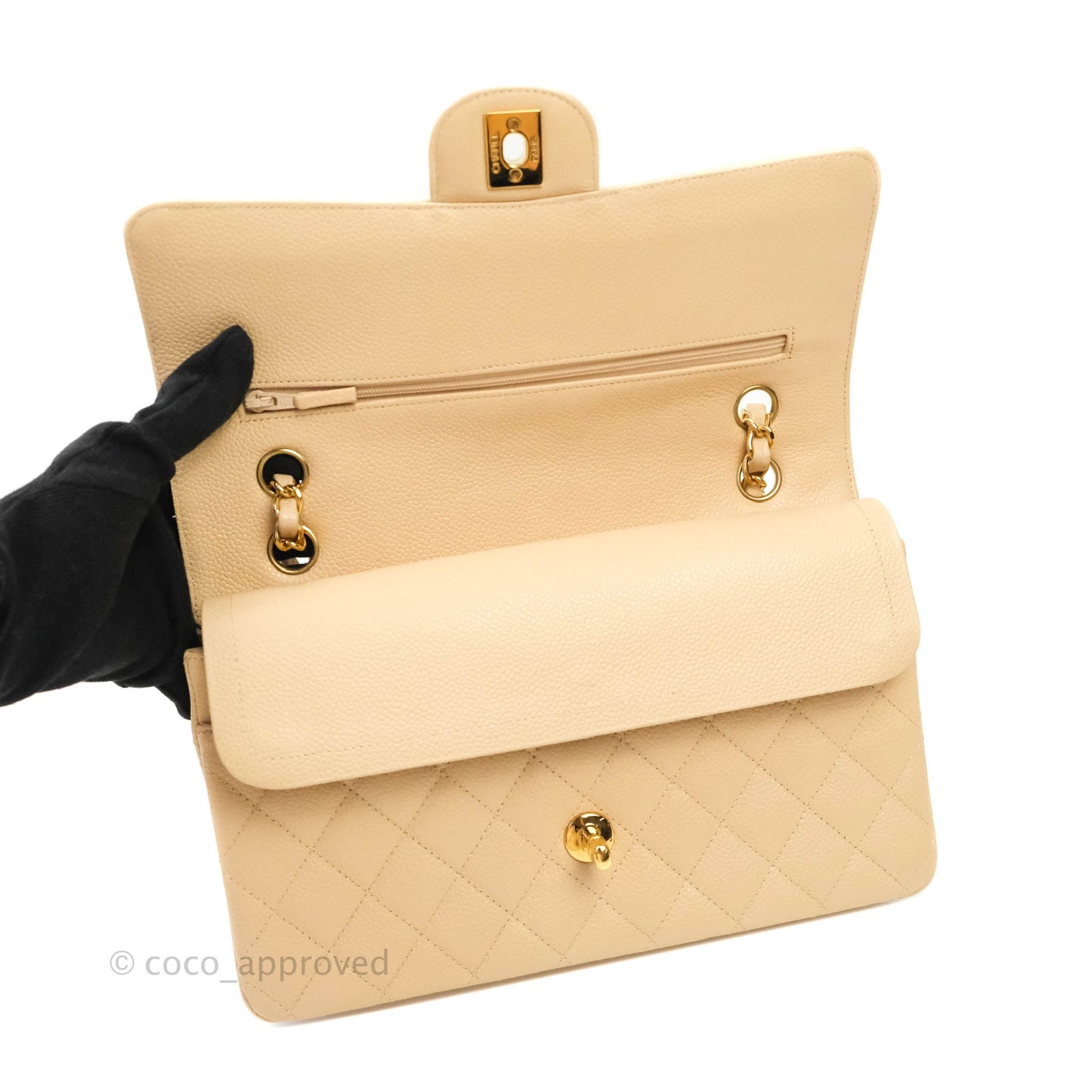 Chanel M/L Medium Double Flap Bag Beige Caviar Gold Hardware