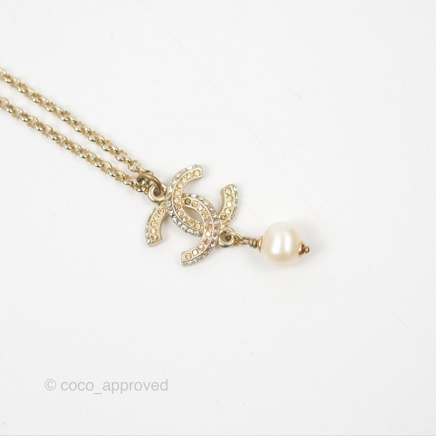 Chanel Crystal CC Pearl Drop Necklace Gold Tone 11P