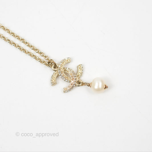Chanel Crystal CC Pearl Drop Necklace Gold Tone 11P