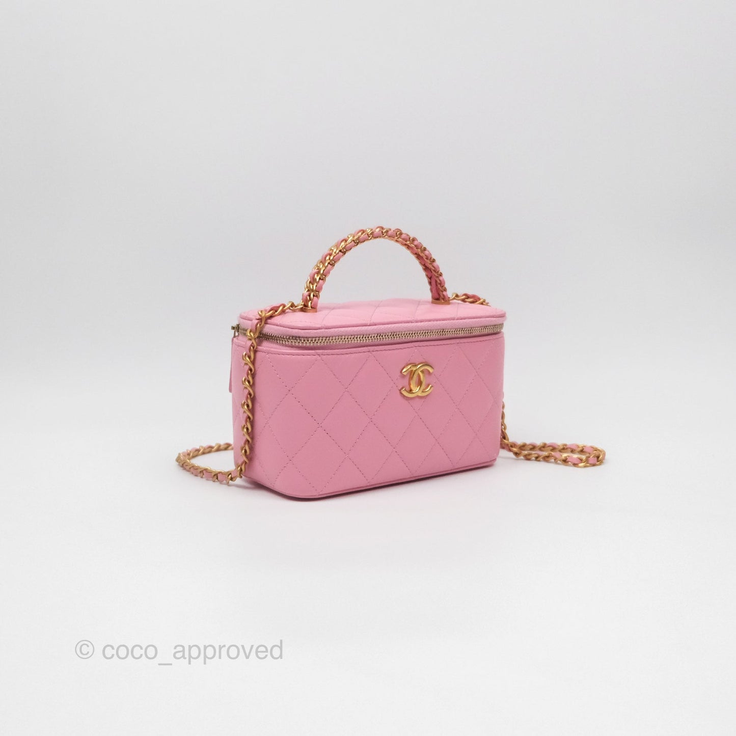Chanel Vanity Rectangular with Top Handle Pink Lambskin Aged Gold Hardware