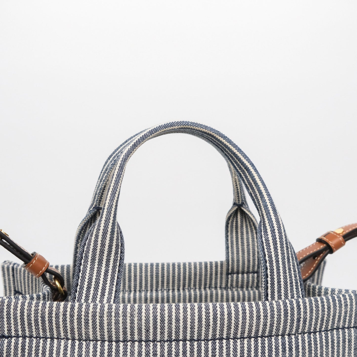 Celine Small Triomphe Cabas Thais Navy Blue Striped Canvas Tan Calfskin