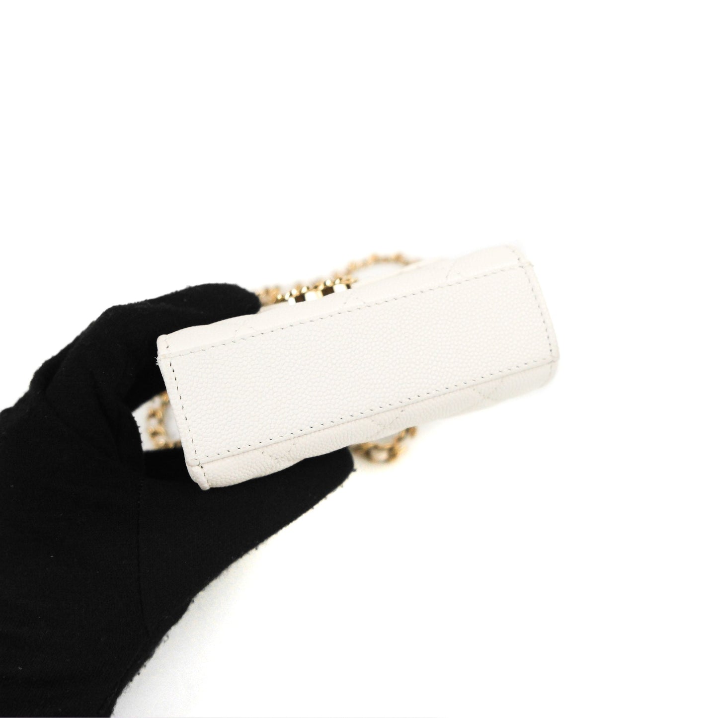 Chanel Mini Top Handle Clutch with Chain White Caviar Light Gold Hardware 23P