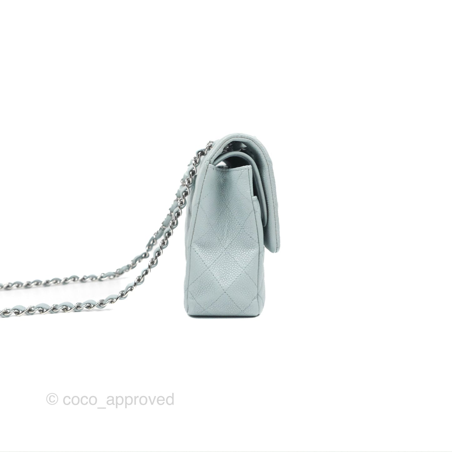 Chanel Classic M/L Medium Flap Quilted Light Grey Blue Caviar Silver Hardware