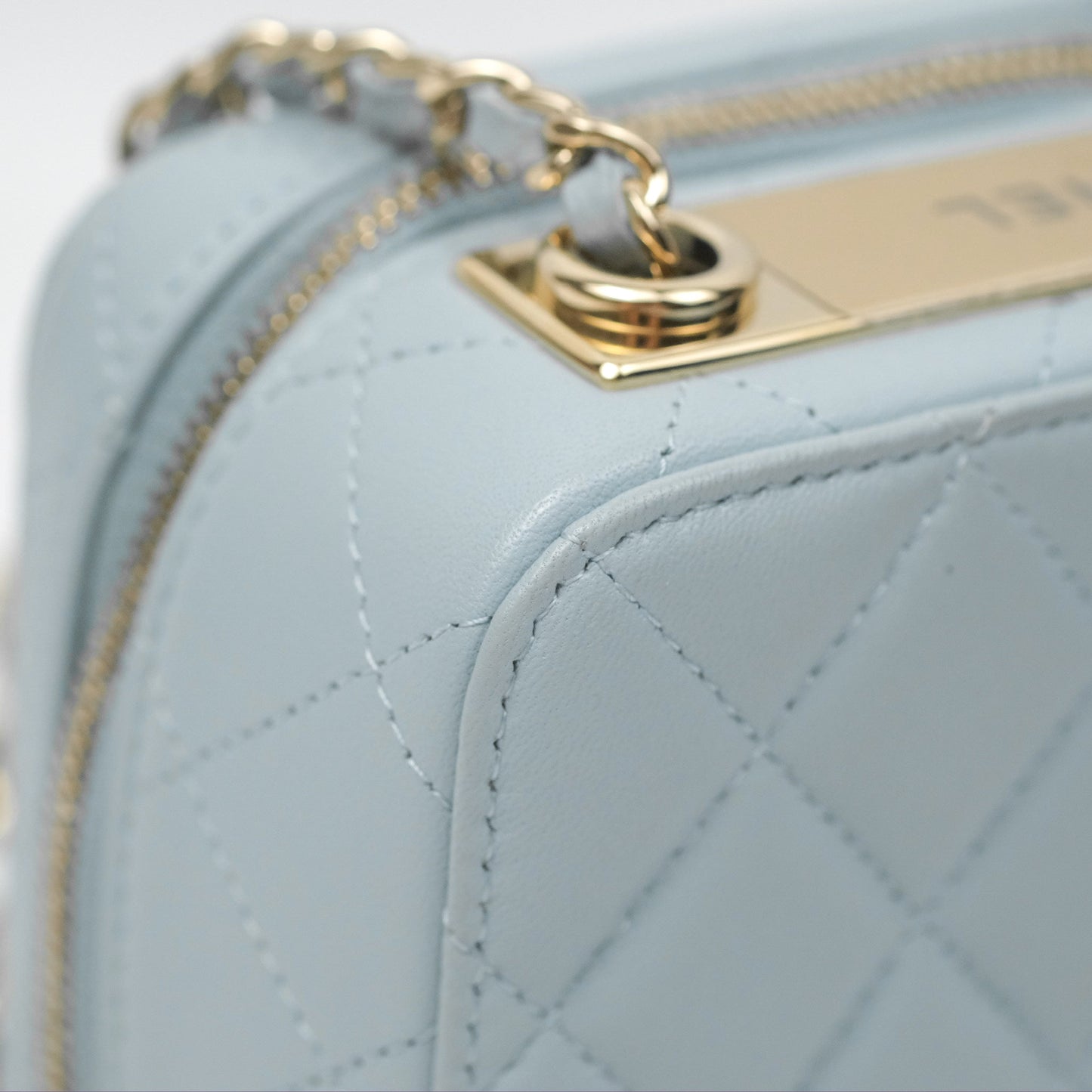 Chanel Mini Quilted Vanity Camera Case Light Blue Lambskin Gold Hardware