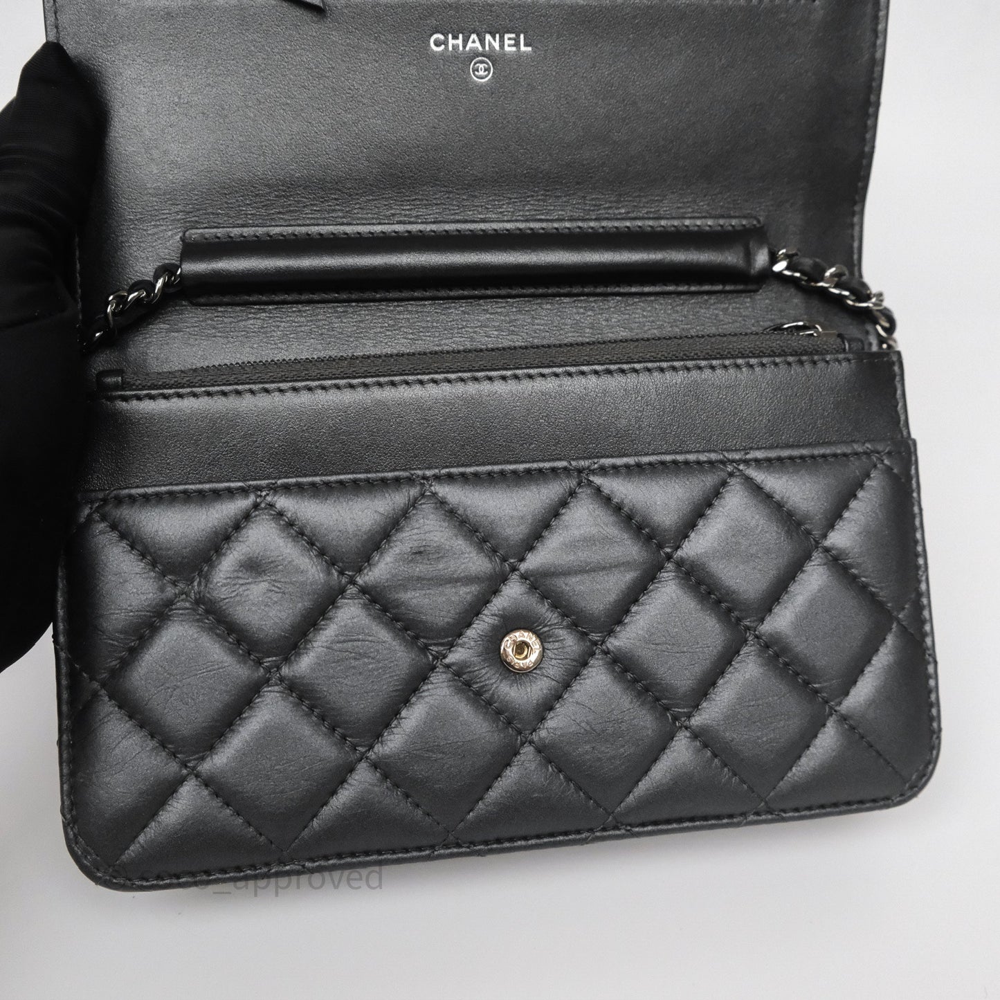 Chanel Tassel Charm Wallet On Chain WOC Iridescent Dark Silver Aged Calfskin