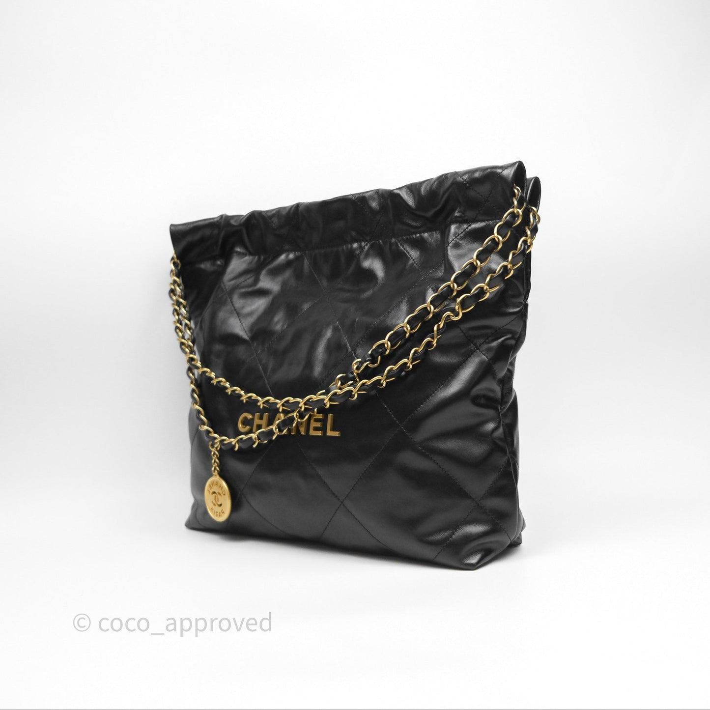 Chanel 22 Small Black Shiny Calfskin Aged Gold Hardware