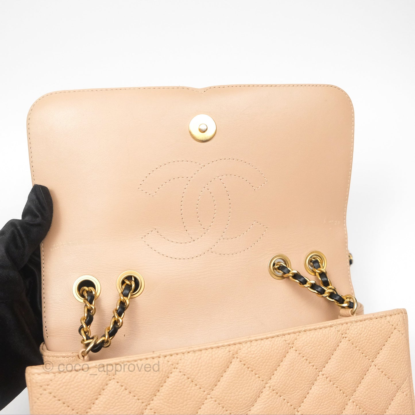 Chanel Small CC Filigree Flap Quilted Beige Black Caviar