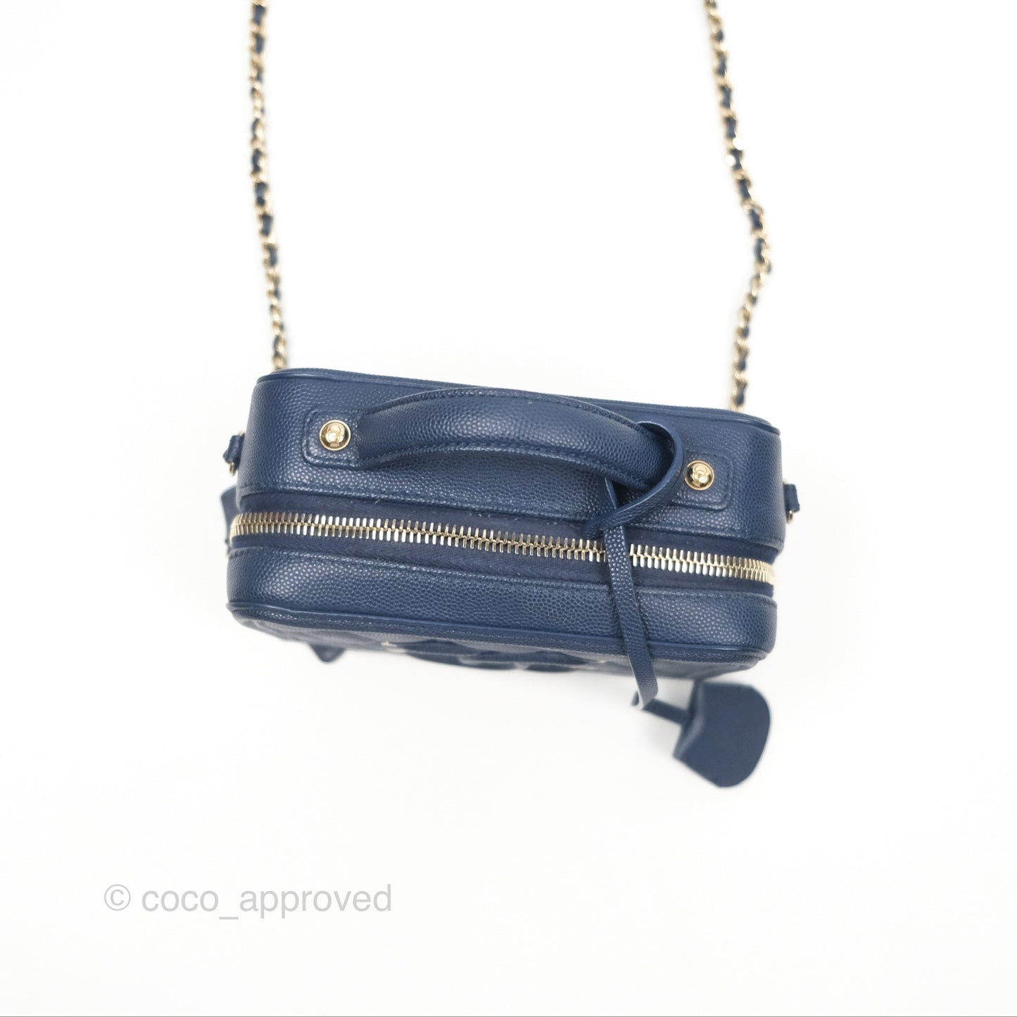 Chanel Quilted Small CC Filigree Vanity Case Navy Caviar Gold Hardware