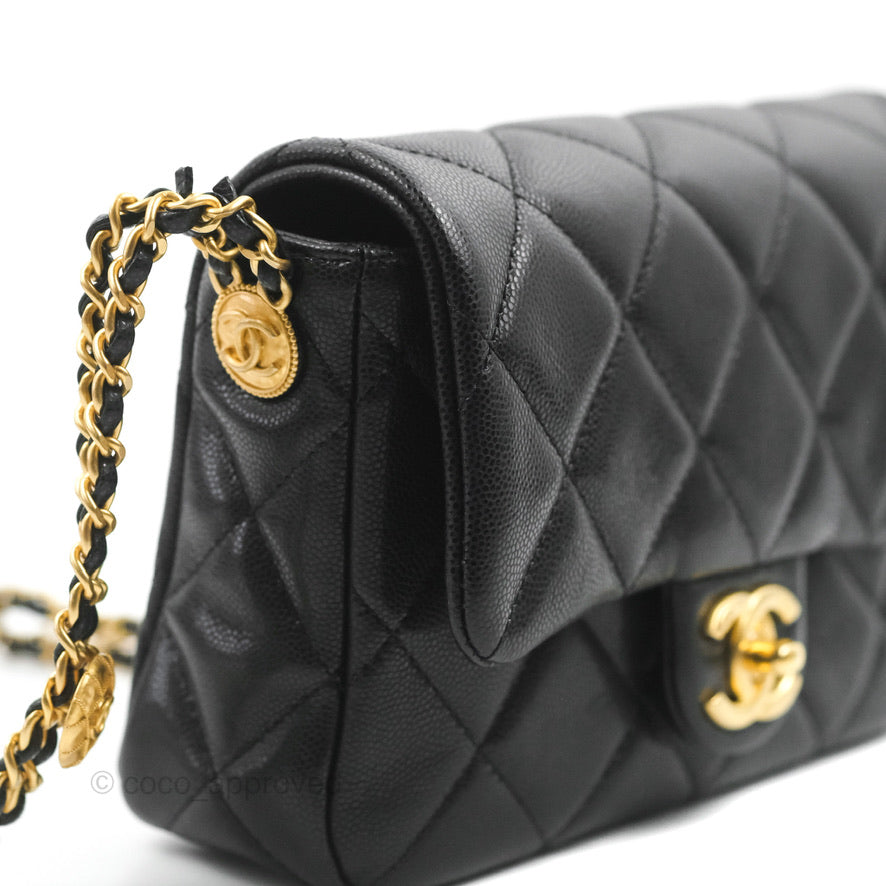 Chanel Small Flap with Coin Charm Black Caviar Aged Gold Hardware 22A