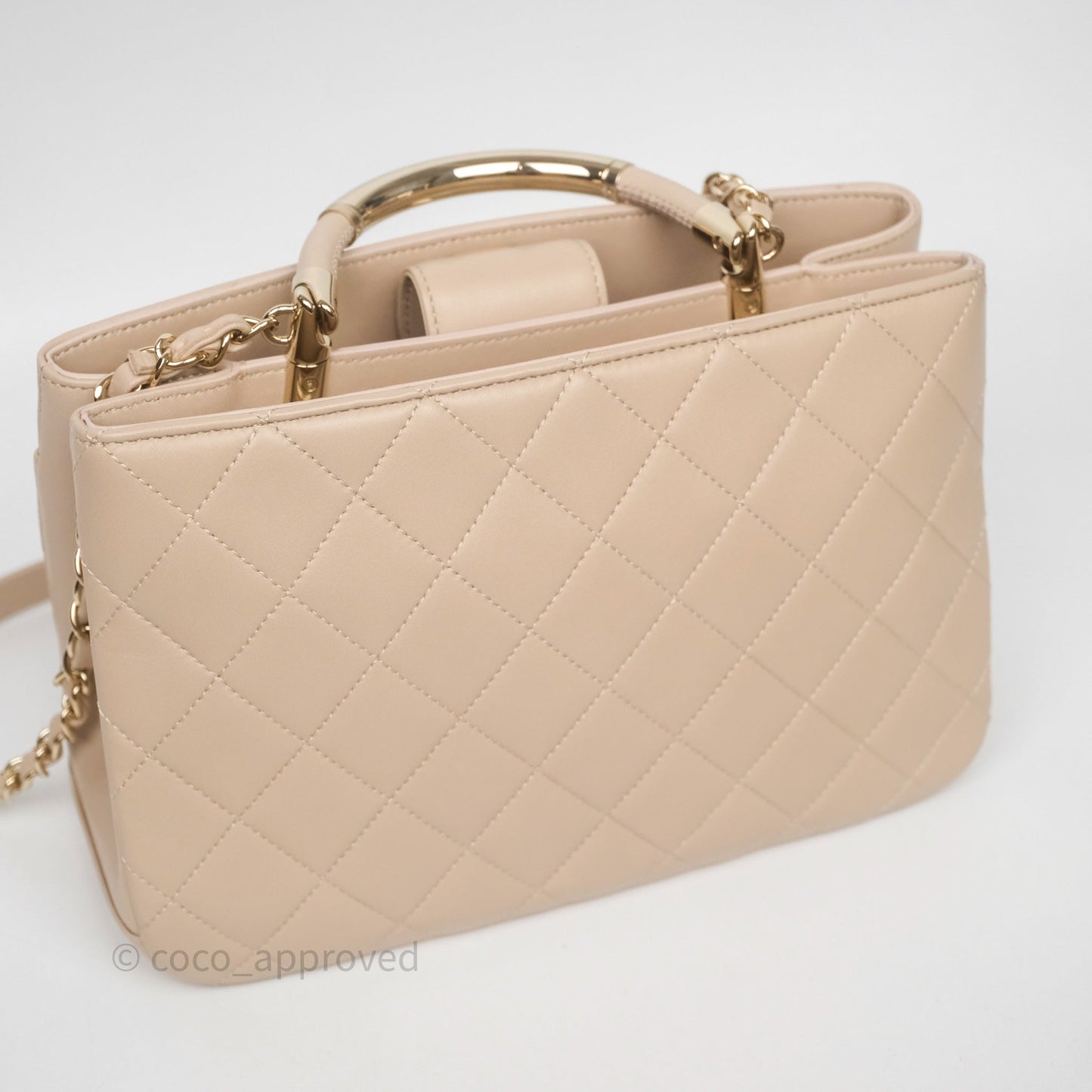 Chanel Quilted Top Handle Carry Chic Bag Beige Lambskin Gold Hardware