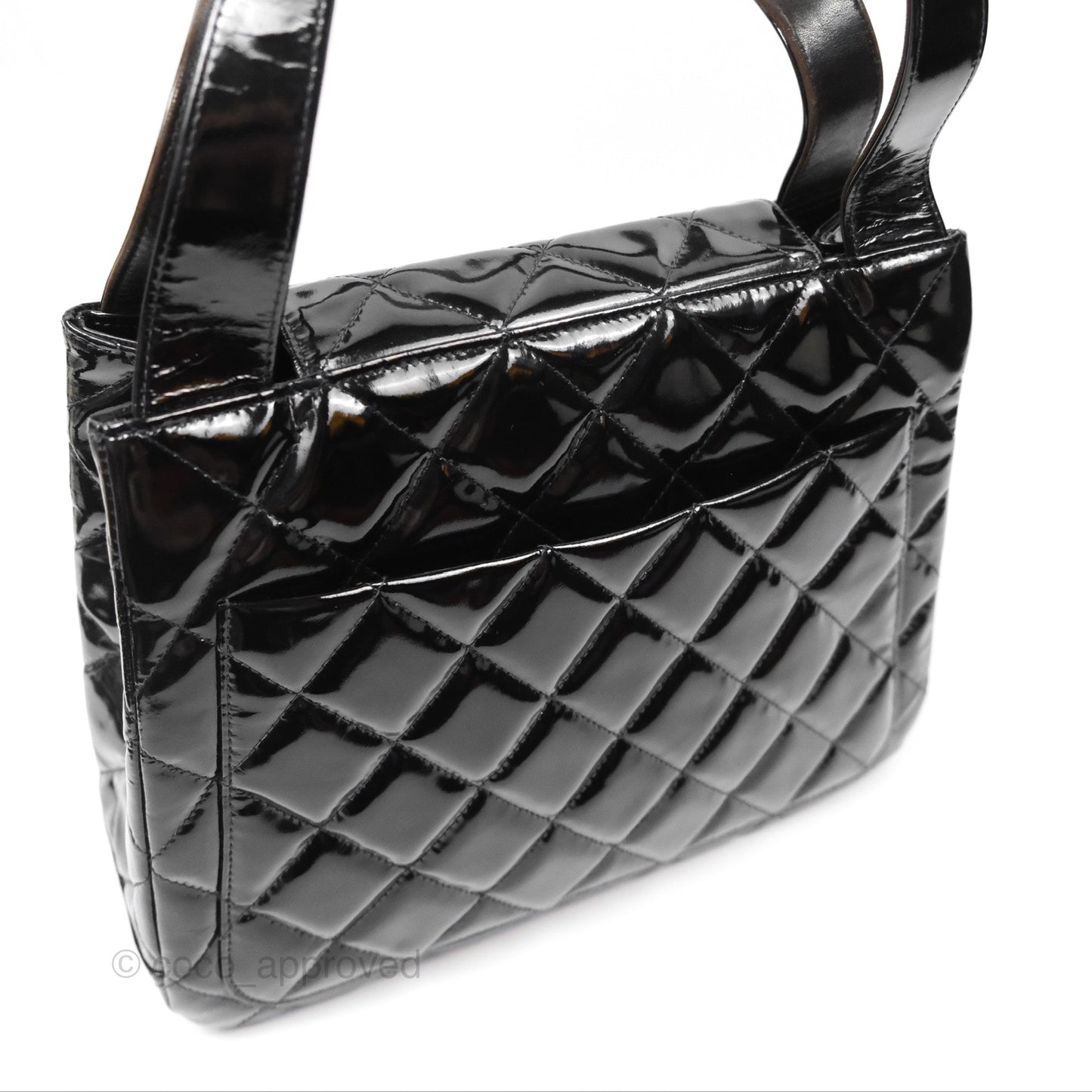 Chanel Vintage Tote Quilted Black Patent Silver Hardware