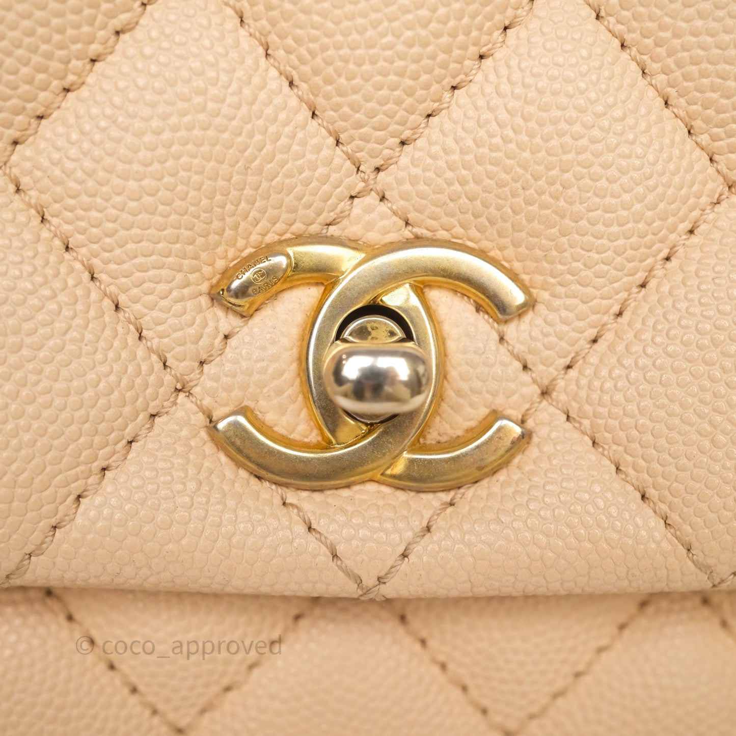 Chanel Small Coco Handle Quilted Beige Caviar Aged Gold Hardware