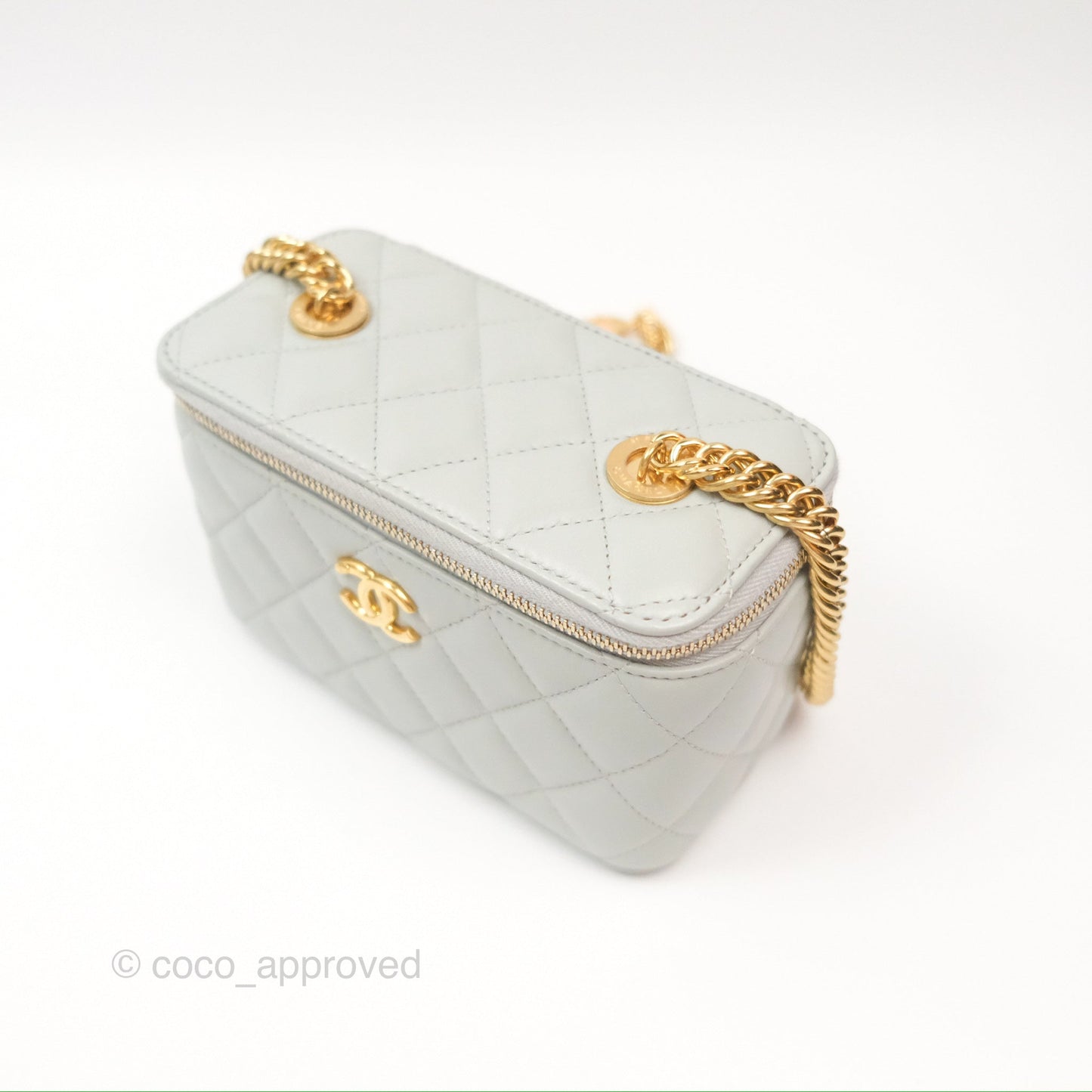 Chanel Quilted Vanity Rectangular with Chain Grey Blue Lambskin Gold Hardware