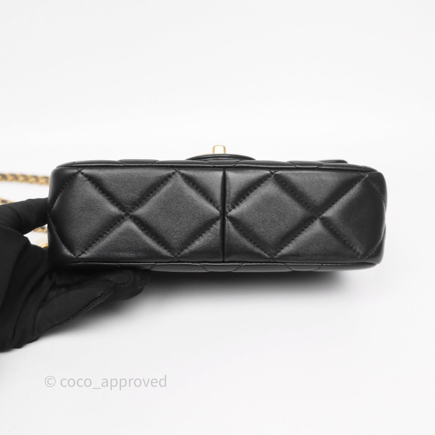 Chanel Quilted Flap Bag with Pearl Chain Black Calfskin Aged Gold Hardware